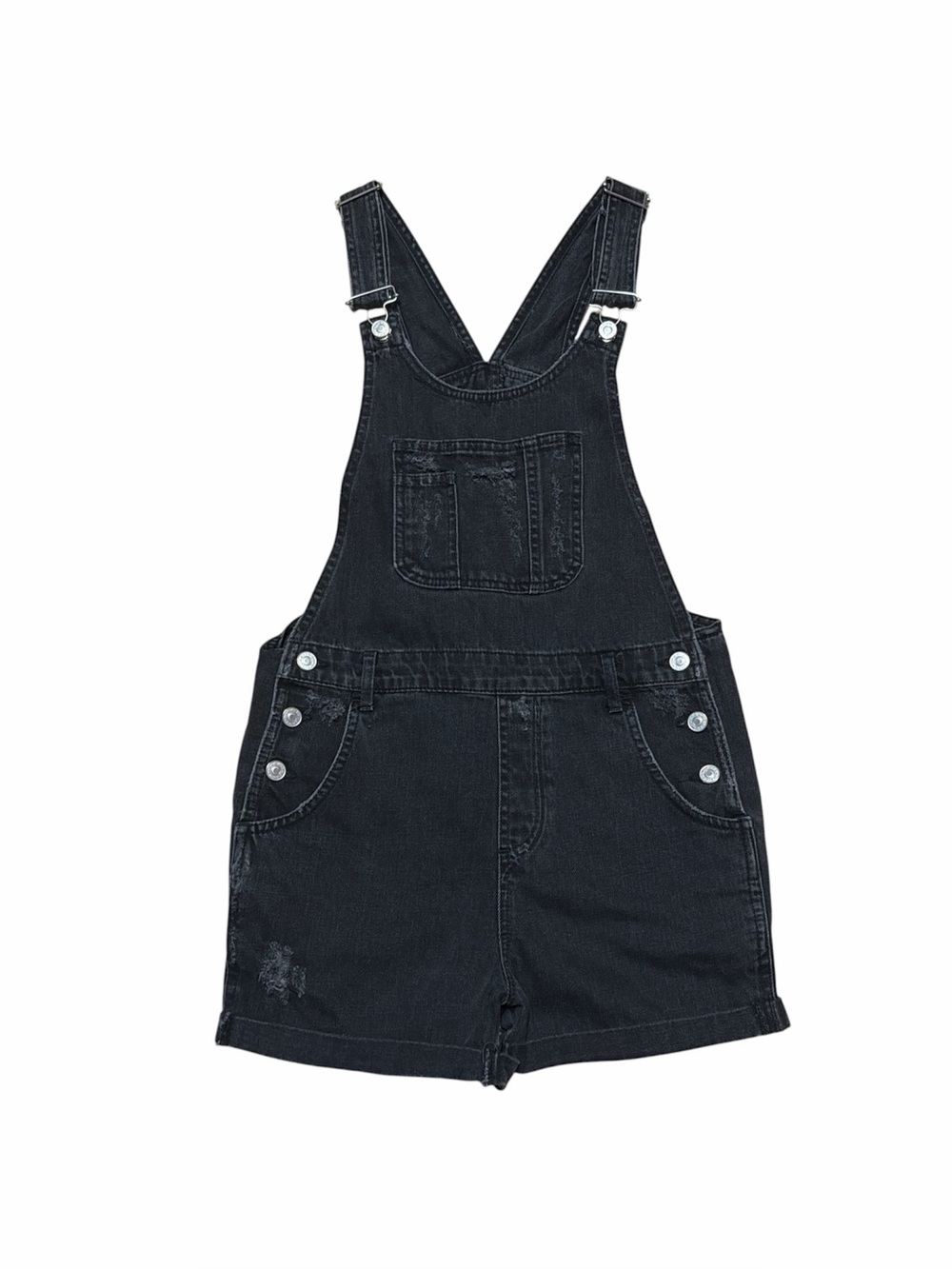 Top Shop Moto Shortalls Women’s 4 Faded Black Wash Distressed Overalls Shorts